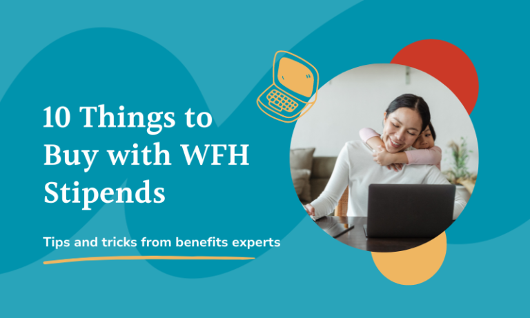 10 Things to Buy with Work From Home Stipends. Woman working with kid hugging her and a laptop doodle