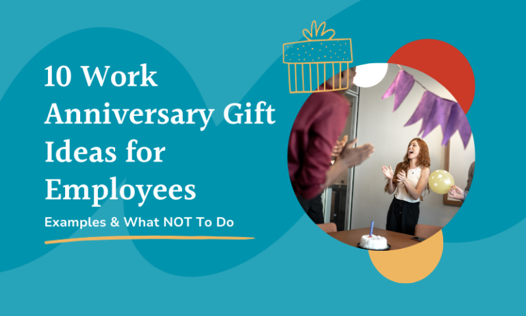 10 Work Anniversary Gift Ideas for Employees with examples and what not to do. Picture of coworkers in the conference room with a cake and streamers. A doodle of a present