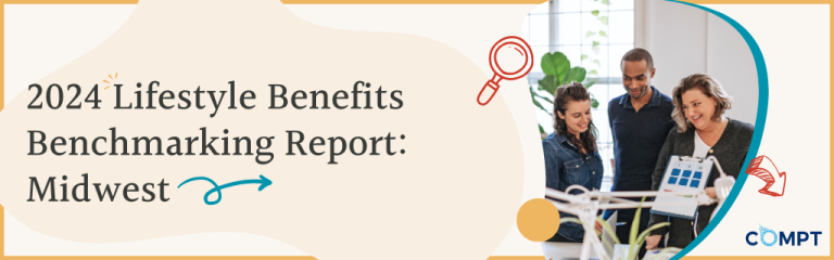 2025 Lifestyle Benefits Benchmarking Report: Midwest. Multiple people gathered around a desk at work and one woman is holding what appears to be a data report