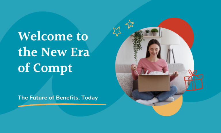 Welcome to the New Era of Compt text with a picture of a woman opening a gift and doodles like stars and a present.