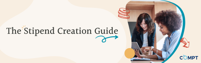 Stipend Creation Guide graphic with two women looking at a tablet