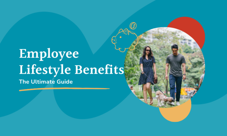 The Ultimate Guide to Employee Lifestyle Benefits with a picture of two people walking a dog and a doodle of a piggy bank