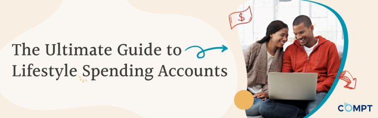 The Ultimate Guide to Lifestyle Spending Accounts graphic with people looking at a laptop